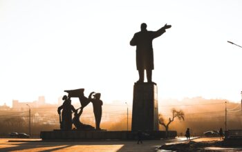 silhouetted statue of lenin in nizhny novgorod russia