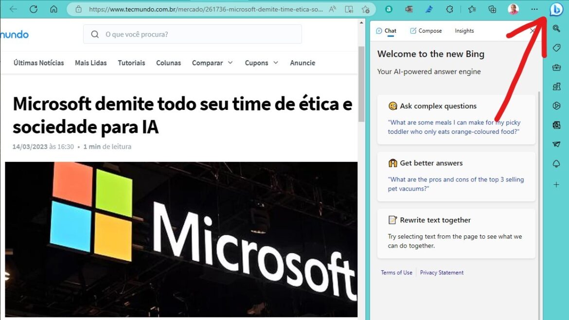 Microsoft Lança Nova Versão do Edge com Inteligência Artificial ChatGPT Embutido